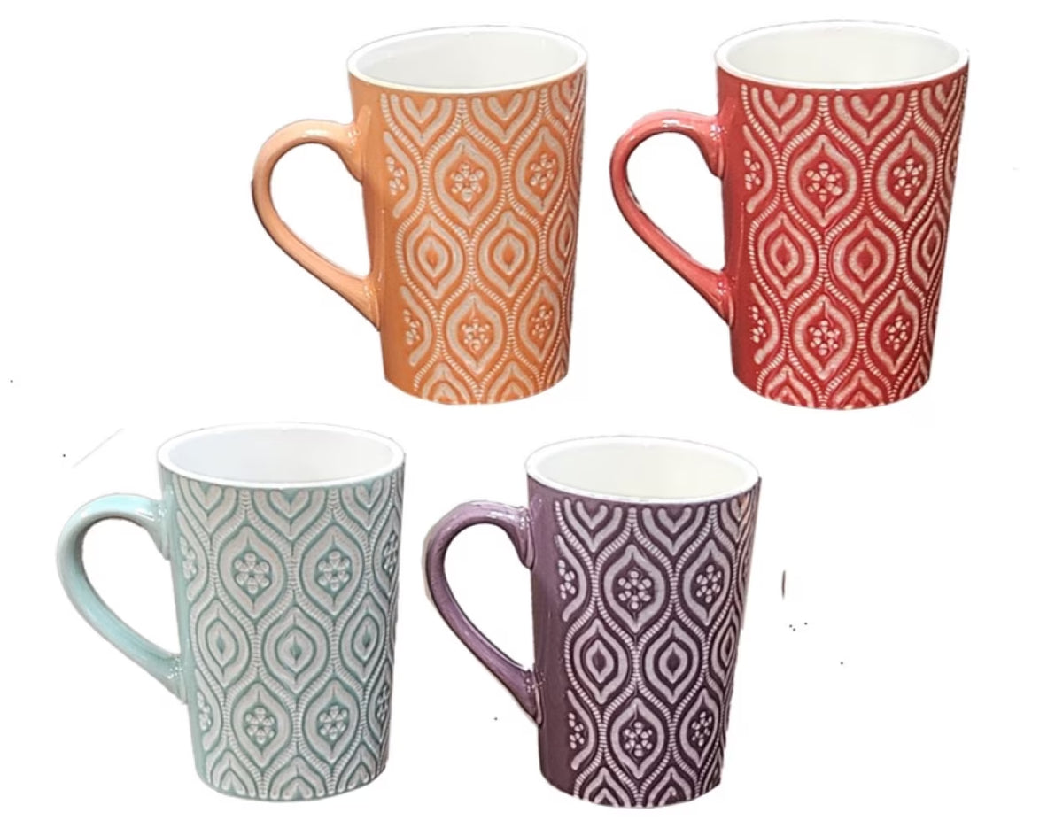 4 Piece 16Oz Multi-Color Ceramic Coffee Mug Set, IKAT Design