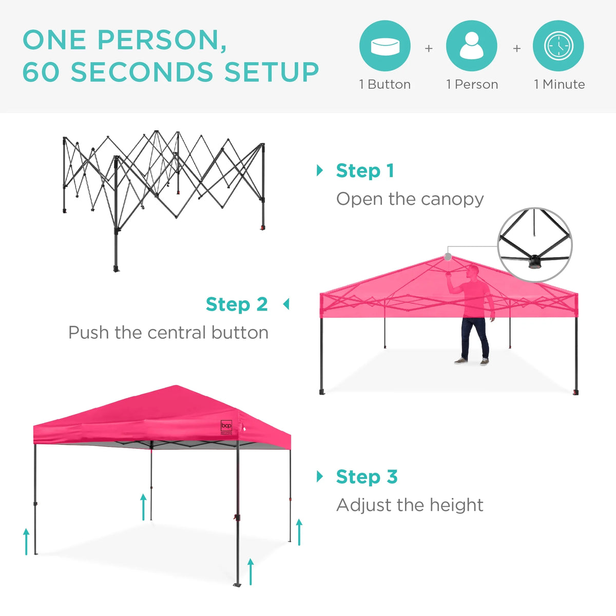 10X10Ft Easy Setup Pop up Canopy W/ 1-Button Setup, Wheeled Case, 4 Weight Bags - Hot Pink