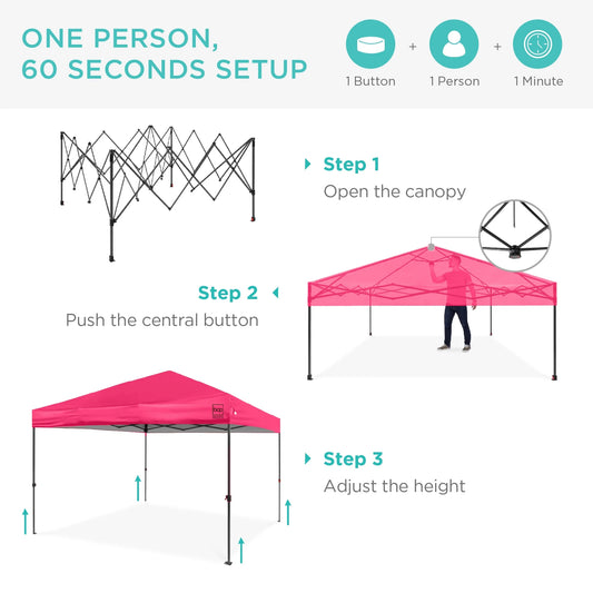 10X10Ft Easy Setup Pop up Canopy W/ 1-Button Setup, Wheeled Case, 4 Weight Bags - Hot Pink