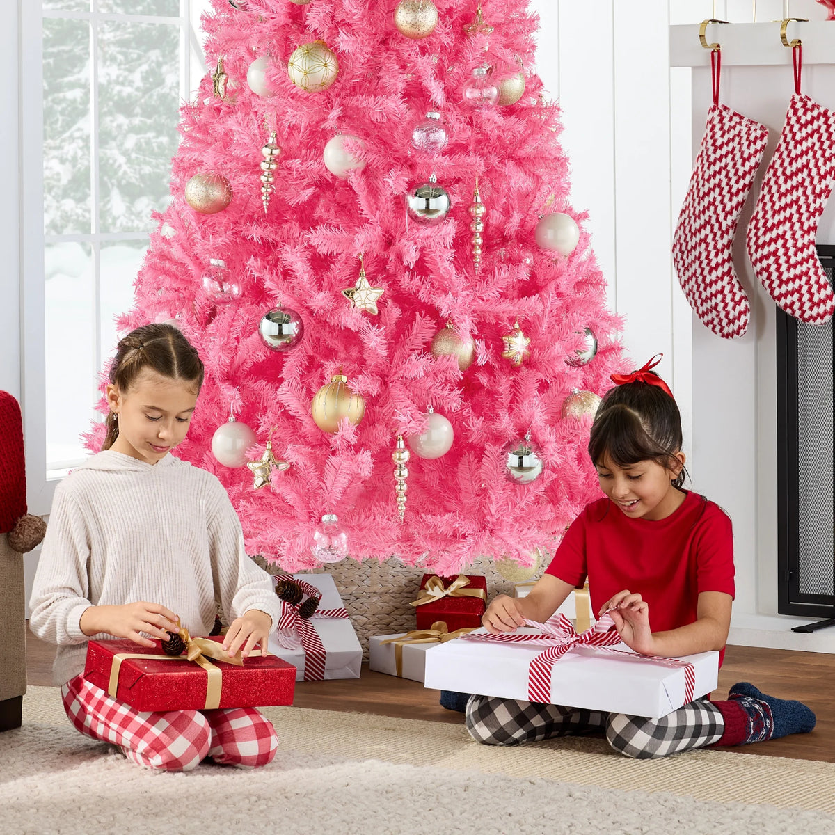 Artificial Christmas Tree, 9Ft Premium Unlit Pine Design, Dense Branches W/Easy Assembly - Pink