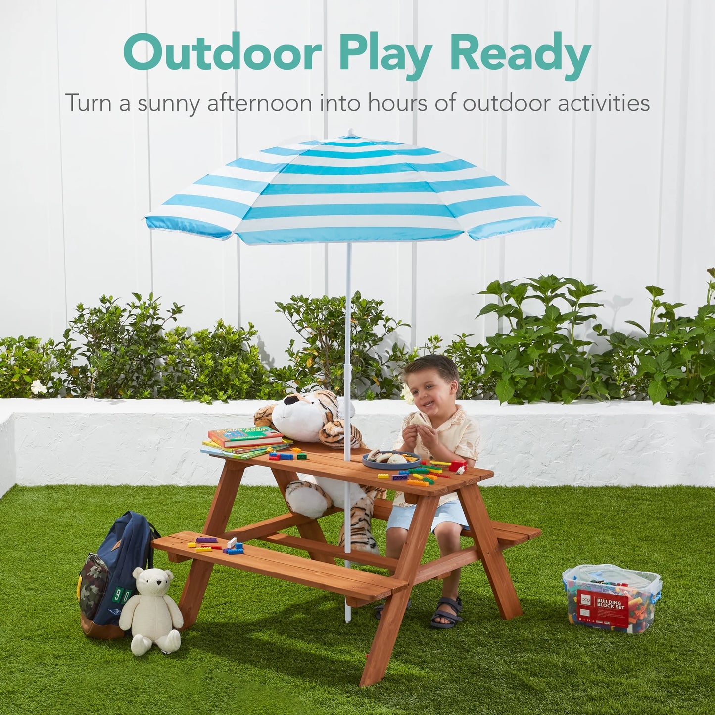 Outdoor Wooden Kids Picnic Table with Umbrella, Activity Table, 220 Lb Capacity - Golden Brown/Aqua