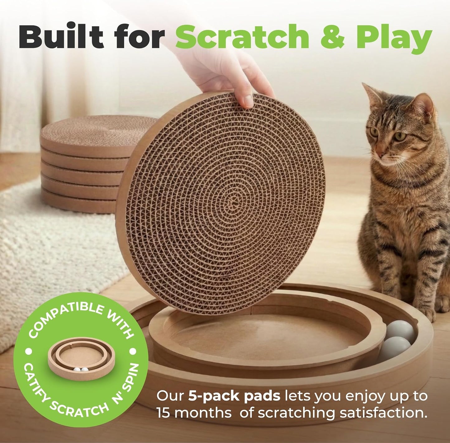 Catify Cat Scratcher, Fun Interactive Scratchers, Posts, Poles, Claw Safe, Furniture Saver Indoor Play Support Natural Cat Behaviors Heavy Duty - Round(5 Pack)