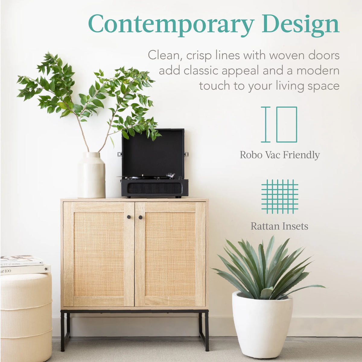 2-Door Rattan Storage Cabinet, Accent Furniture, Cupboard W/ Non-Scratch Foot Pads - Natural