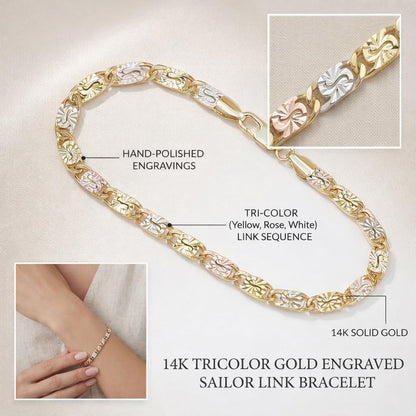2Pack 14K Gold Tri-Color Mariner Linkbracelet for Women - Polished Floralengraved Three Tone Gold Chain Bracelet,Dainty Jewelry Gift for Her