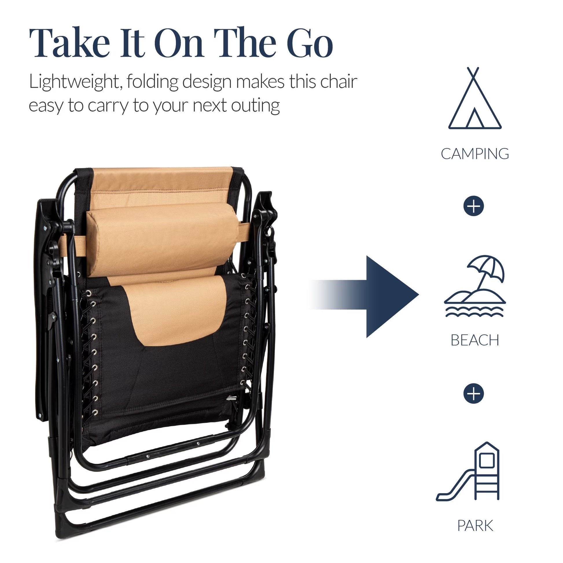 Oversized Padded Zero Gravity Chair, Folding Outdoor Patio Recliner W/ Side Tray - Tan