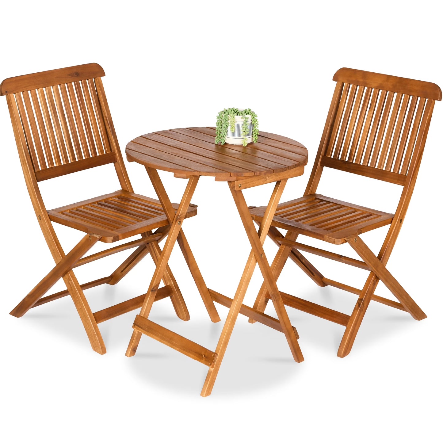 3-Piece Acacia Wood Bistro Set, Folding Patio Furniture W/ 2 Chairs, Table - Natural