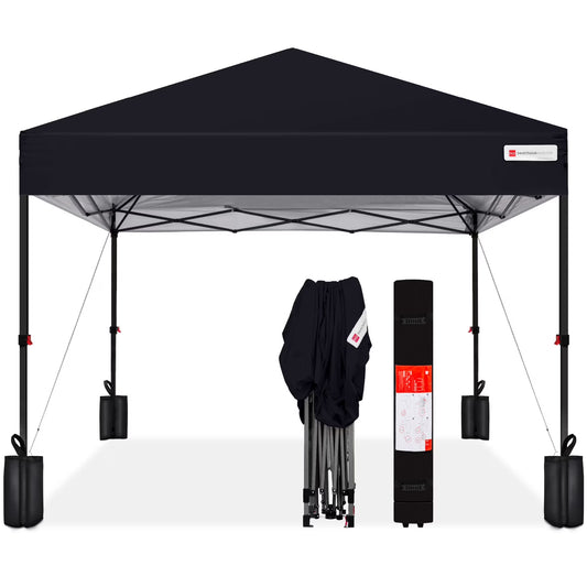 10X10Ft Easy Setup Pop up Canopy W/ 1-Button Setup, Wheeled Case, 4 Weight Bags - Black