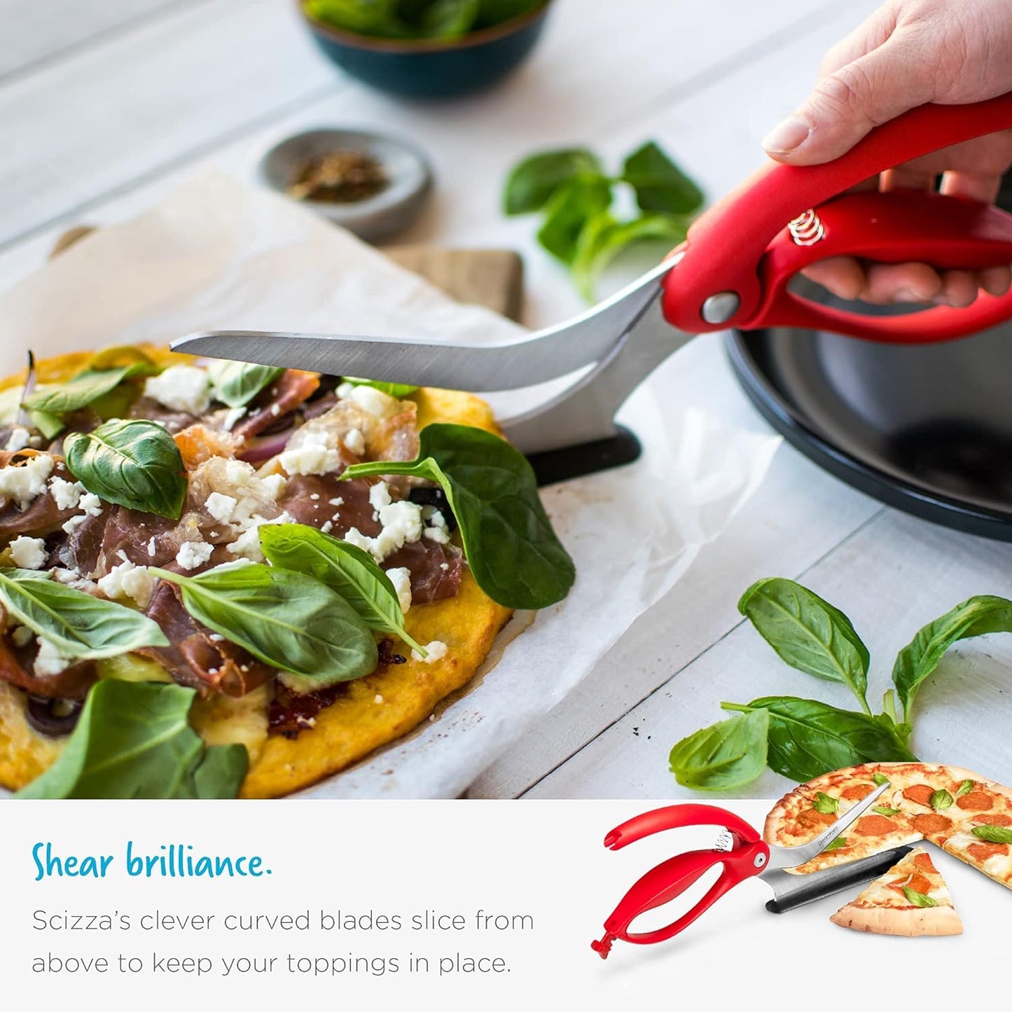 Scizza 2-In-1 Easy Ergonomic Pizza Scissors with Stainless Steel Pizza Cutter Blades & Non-Stick Slice Server - Red | Cuts and Serves Pizza with Non-Scratch, Heat Resistant Serving Base, Spring-Loaded German Stainless Steel Blades
