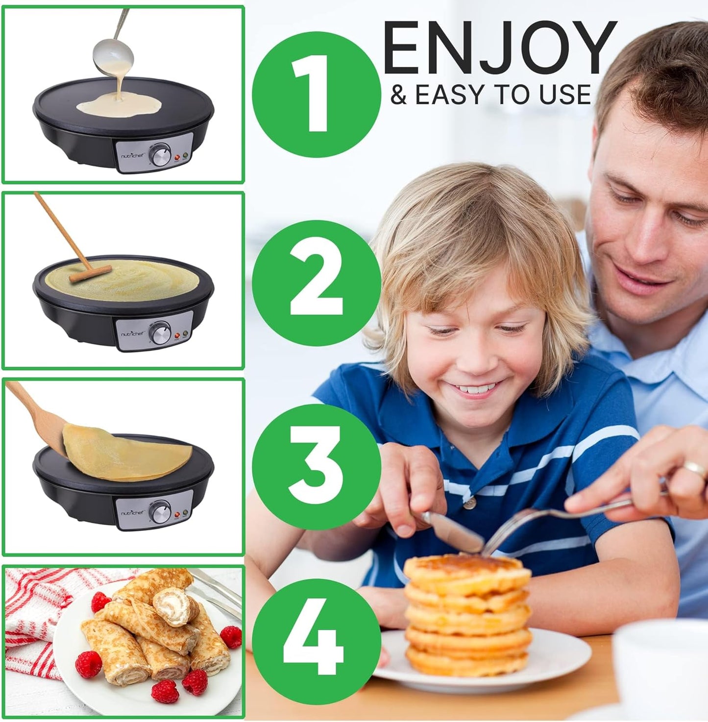 Electric Crepe Maker Pan & Griddle | 12 Inch Nonstick Cooktop | LED Indicators & Adjustable Temperature Control | Includes Spatula, Batter Spreader | Cooks Crepes, Roti & Pancakes