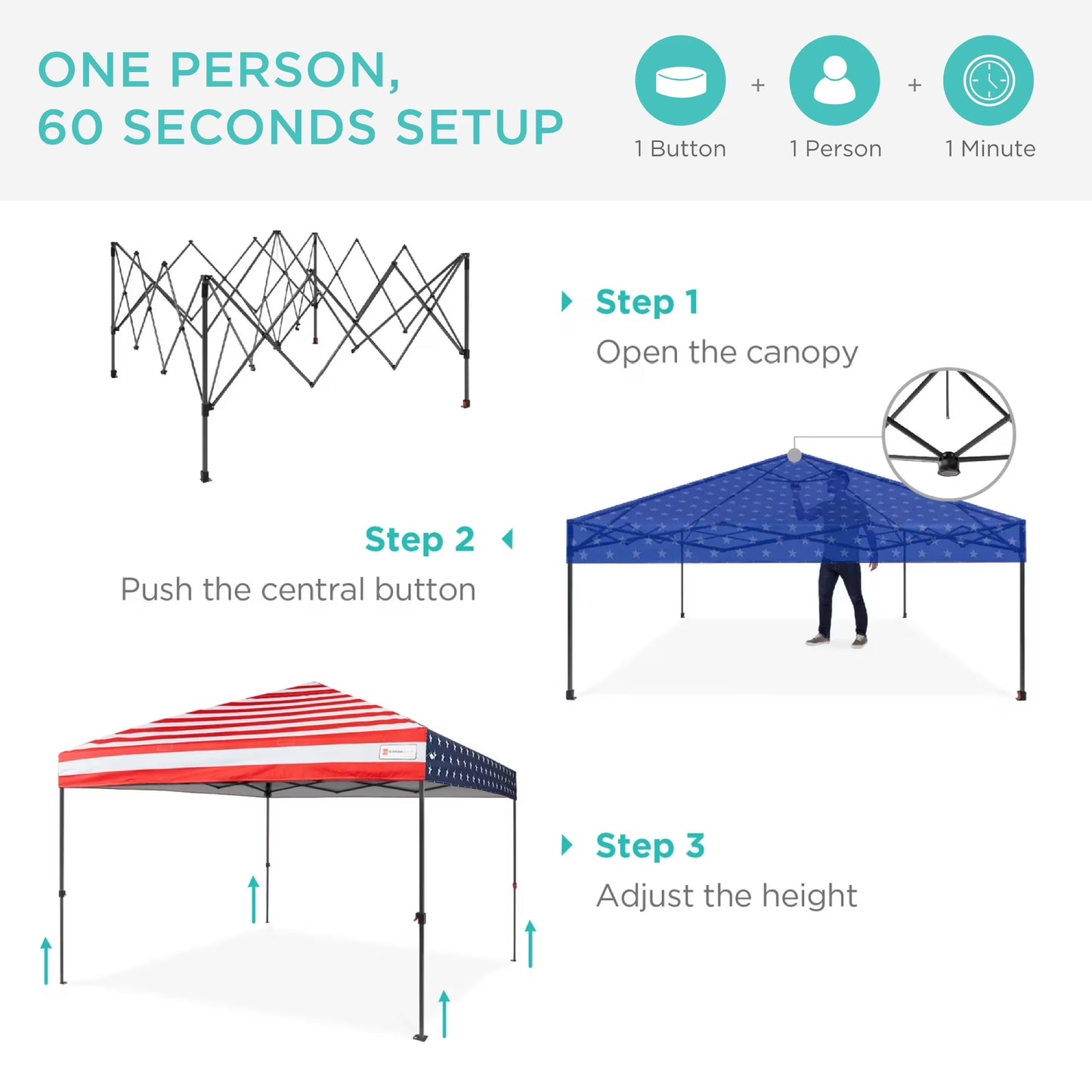 10X10Ft Easy Setup Pop up Canopy W/ 1-Button Setup, Wheeled Case, 4 Weight Bags - American Flag