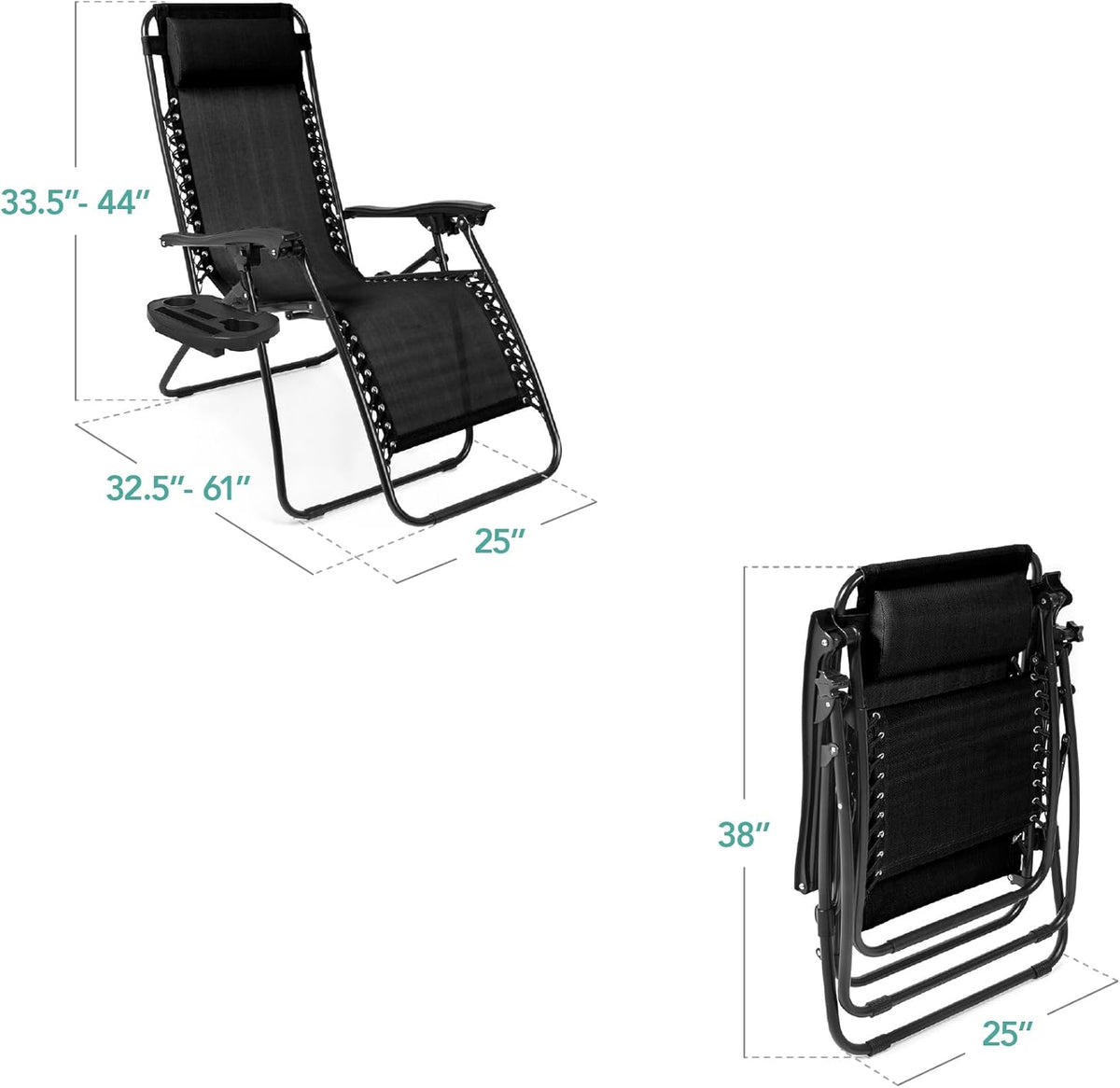 Best Choice Products Set of 2 Adjustable Steel Mesh Zero Gravity Lounge Chair Recliners W/Pillows and Cup Holder Trays - Black