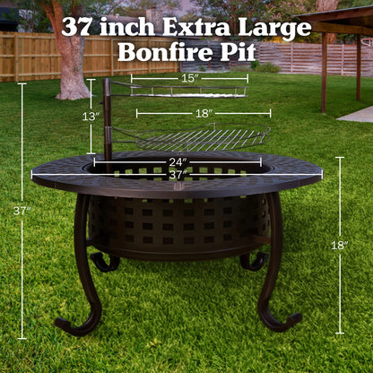 37” round Wood Burning Outdoor Fire Pit Table with 2 Grills