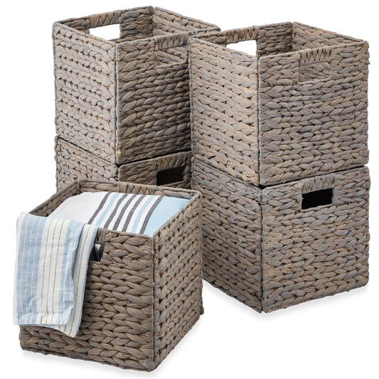 12X12In Hyacinth Baskets, Set of 5 Multipurpose Collapsible Organizers W/ Inserts - Gray