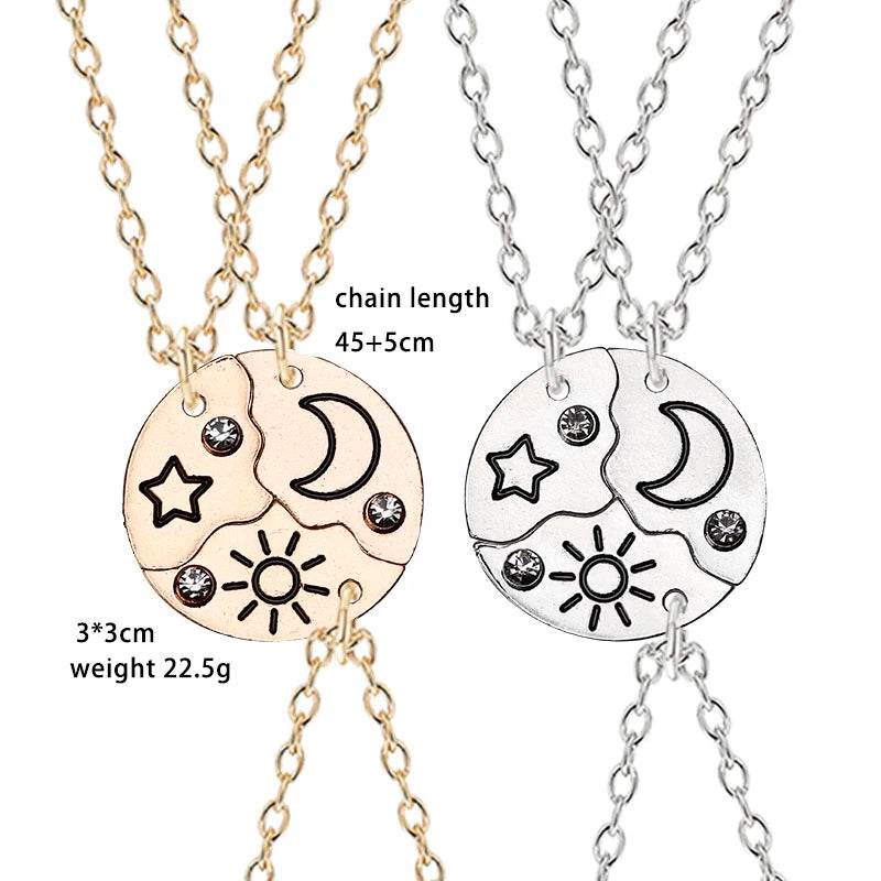 3Pcs Best Friend Zircon Sun Star Moon Pendant Necklace Friendship Choker Chain 2025 Fashion Jewelry Accessories Gift