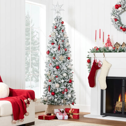 6Ft Snow Flocked Artificial Pencil Christmas Tree Holiday Decoration W/ Metal Stand