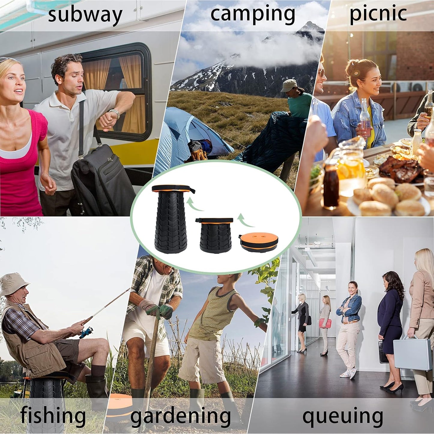 Collapsible Stool - Adults' round Pop up Seat, Max 397Lbs, Portable Folding & Telescopic for Camping & Outdoor Use