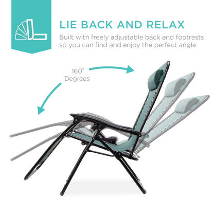 Set of 2 Zero Gravity Lounge Chair Recliners for Patio, Pool W/ Cup Holder Tray - Forest Green