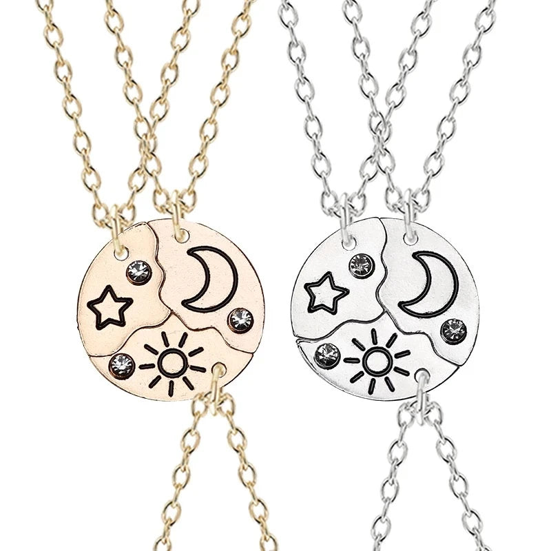 3Pcs Best Friend Zircon Sun Star Moon Pendant Necklace Friendship Choker Chain 2025 Fashion Jewelry Accessories Gift