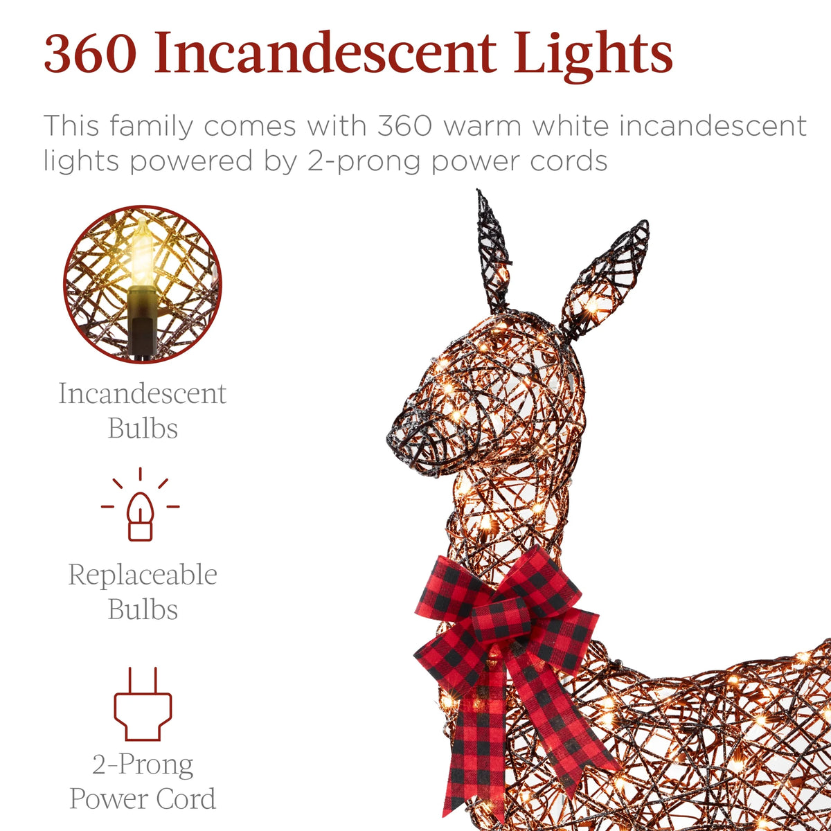 3-Piece Lighted Christmas Deer Set Outdoor Yard Decoration W/ 360 LED Lights, Stakes - Rattan