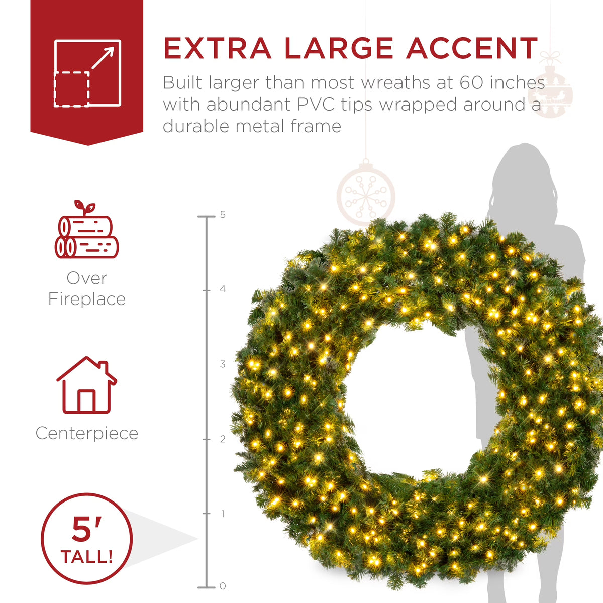 60In Artificial Pre-Lit Fir Christmas Wreath Decoration W/ 375 LED Lights, 930 Tips, Power Plug-In