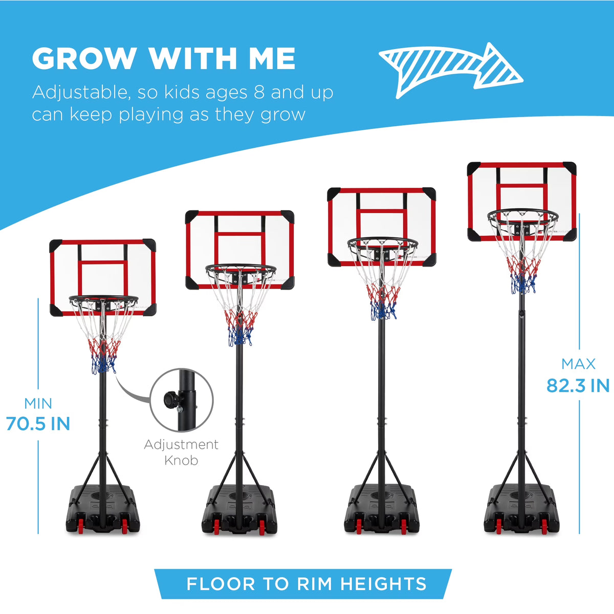 Kids Height-Adjustable Basketball Hoop, Portable Game W/ 2 Wheels, Square Backboard - Clear