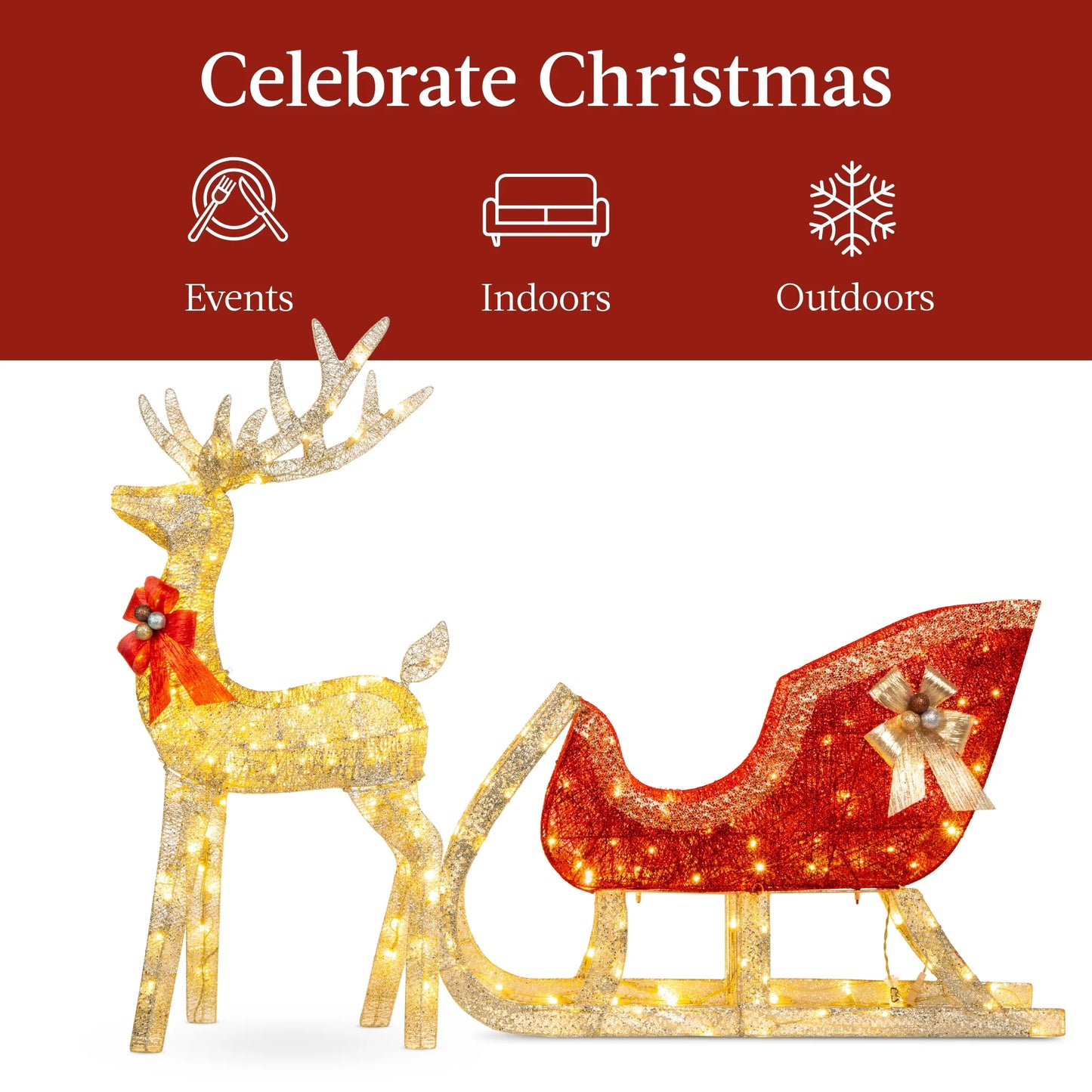 Lighted Christmas 4Ft Reindeer & Sleigh Holiday Outdoor Decor Set W/205 LED Lights, Stakes - Gold