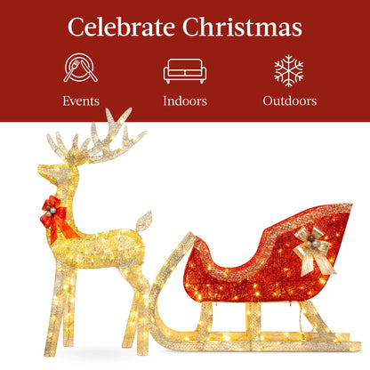 Lighted Christmas 4Ft Reindeer & Sleigh Holiday Outdoor Decor Set W/205 LED Lights, Stakes - Gold