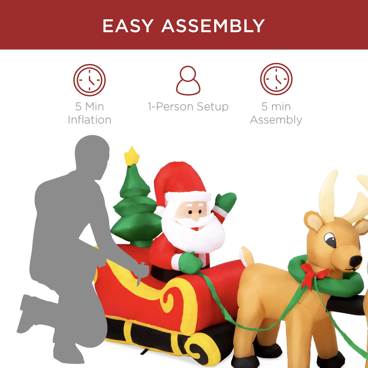 8.5Ft X 3Ft Lighted Inflatable Christmas Santa Claus & Reindeer Indoor Outdoor W/ Electric Fan