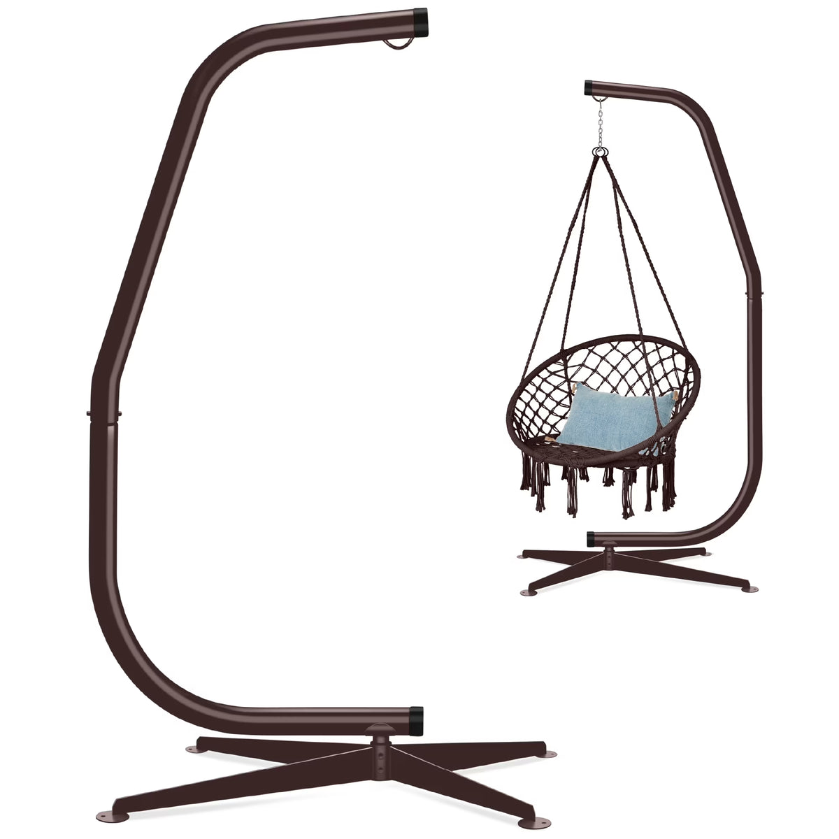 Metal Hanging Hammock C-Stand for Chair/ Weather-Resistant Finish, Offset Base - Stand Only - Brown