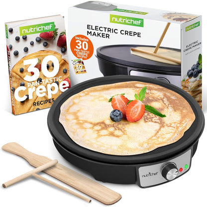 Electric Crepe Maker Pan & Griddle | 12 Inch Nonstick Cooktop | LED Indicators & Adjustable Temperature Control | Includes Spatula, Batter Spreader | Cooks Crepes, Roti & Pancakes