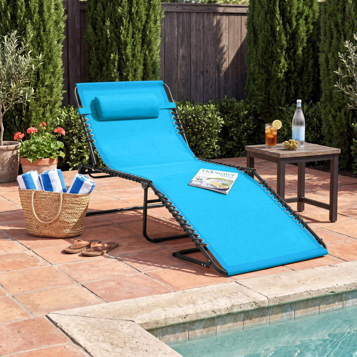 Patio Chaise Lounge Chair, Outdoor Portable Adjustable Pool Recliner W/ Pillow - Light Blue