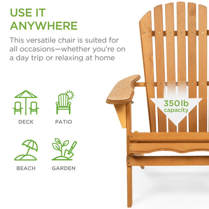 Folding Adirondack Chair Outdoor, Wooden Accent Lounge Furniture W/ 350Lb Capacity - Natural