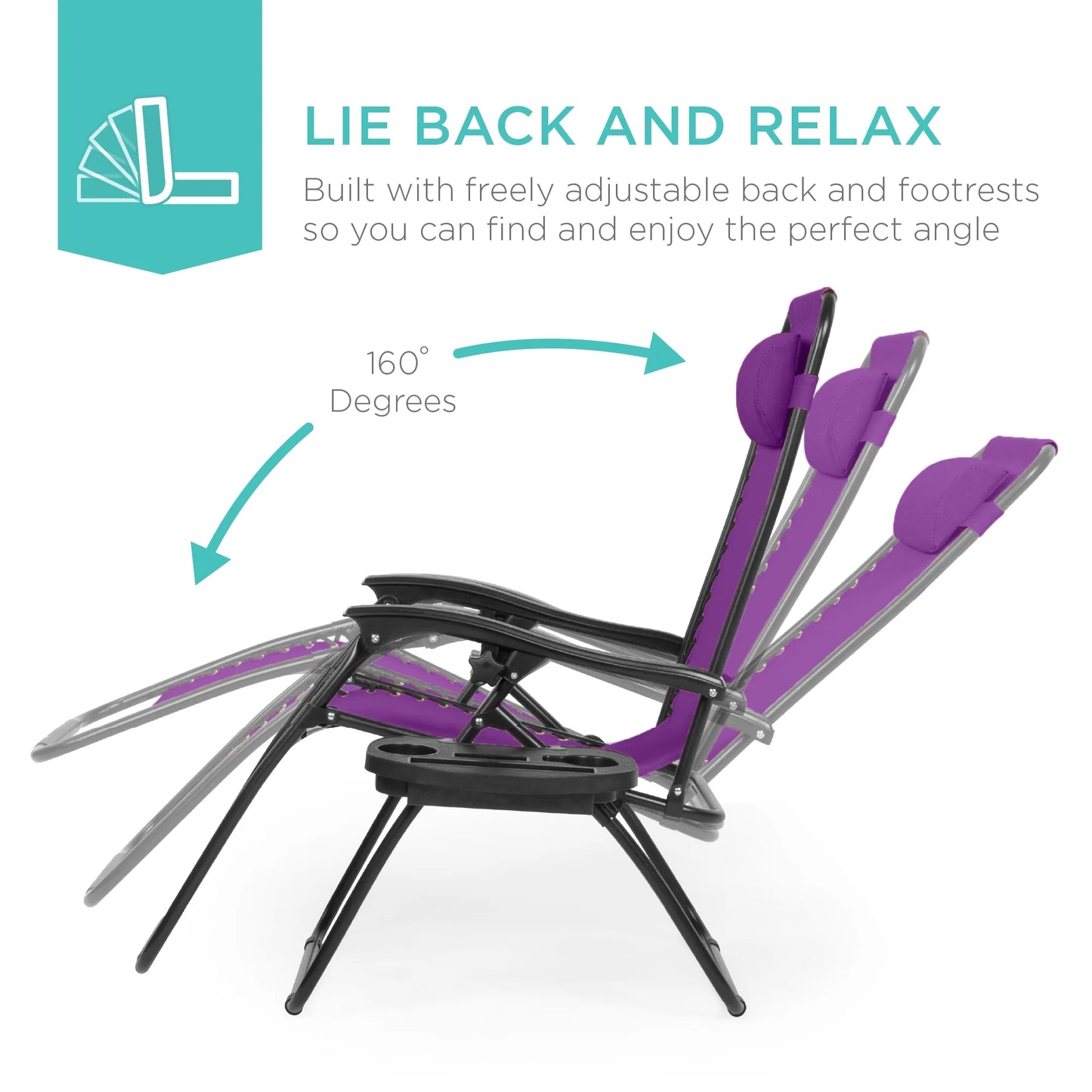 Set of 2 Zero Gravity Lounge Chair Recliners for Patio, Pool W/ Cup Holder Tray - Amethyst Purple
