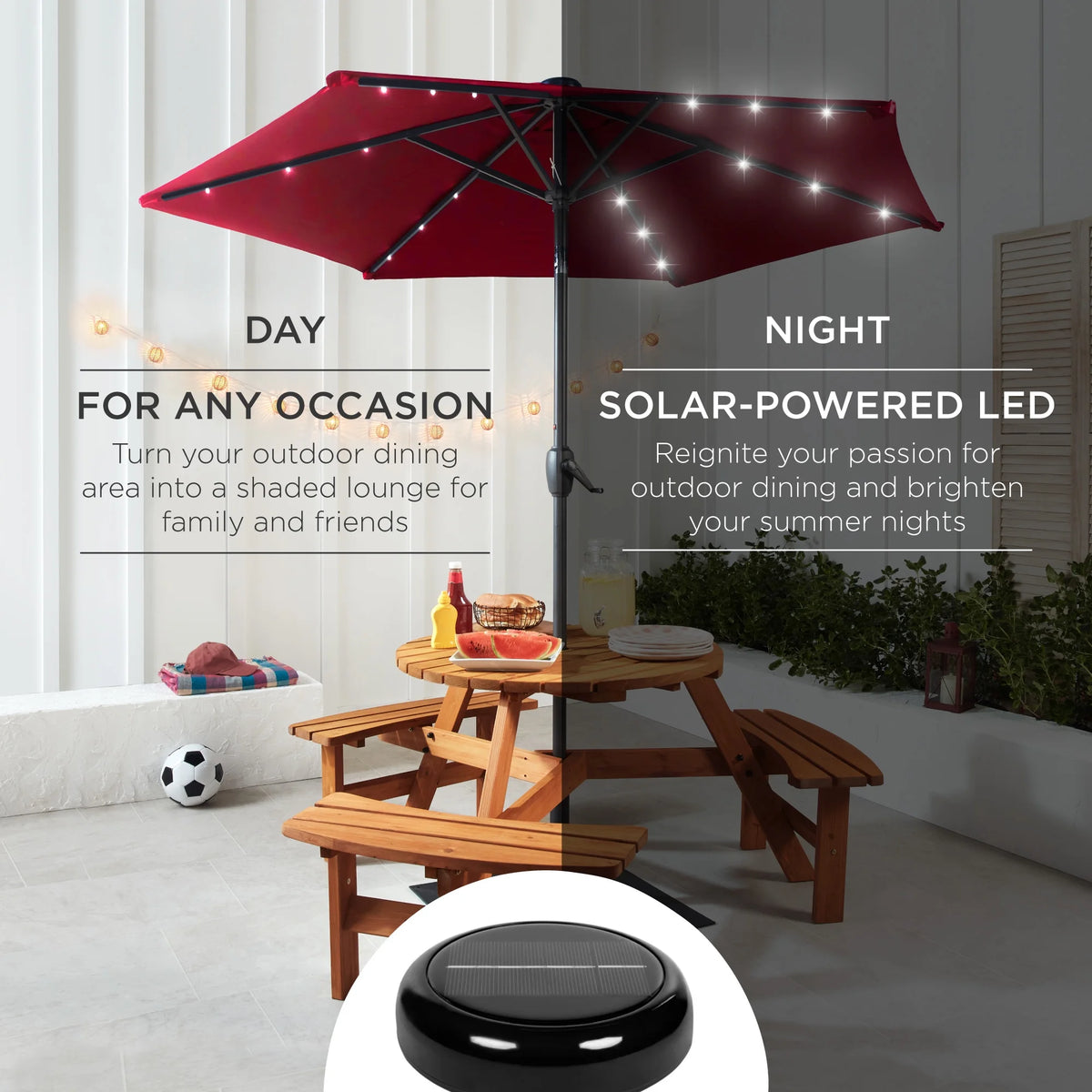 7.5Ft Outdoor Solar Patio Umbrella for Deck, Pool W/ Tilt, Crank, LED Lights - Burgundy