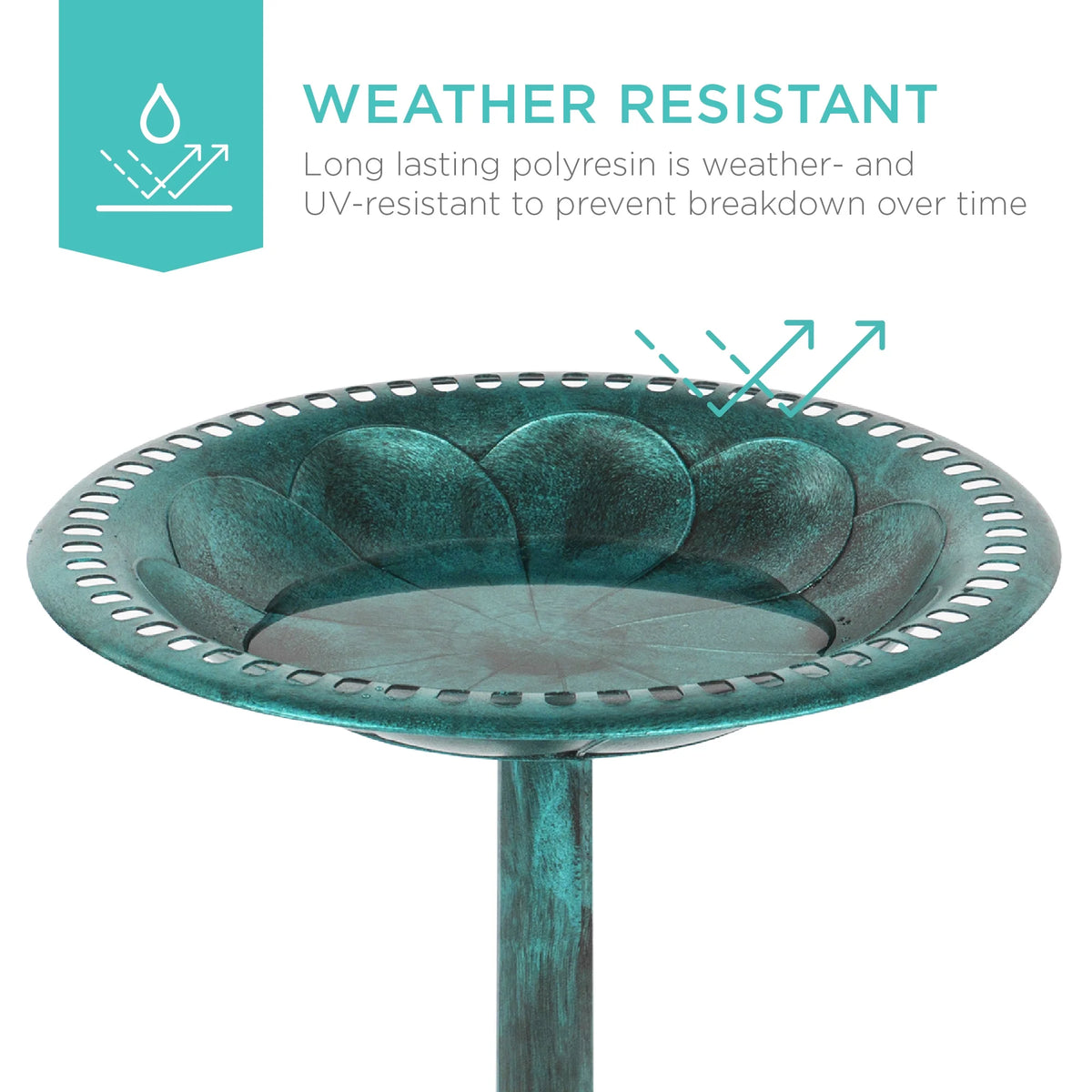 Outdoor Rustic Pedestal Bird Bath Accent for Garden, Yard W/ Fleur-De-Lis Accents - Green