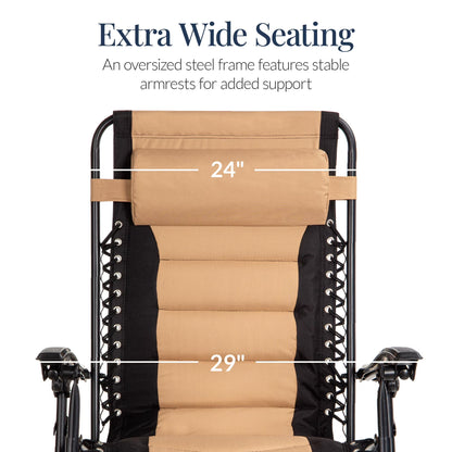 Oversized Padded Zero Gravity Chair, Folding Outdoor Patio Recliner W/ Side Tray - Tan