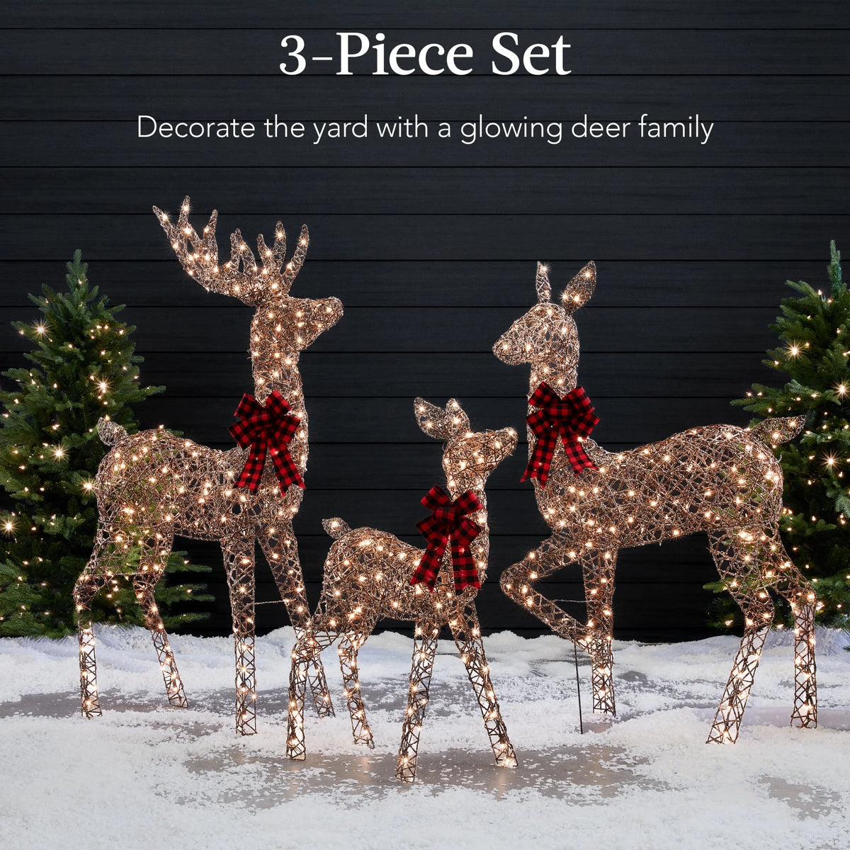 3-Piece Lighted Christmas Deer Set Outdoor Yard Decoration W/ 360 LED Lights, Stakes - Rattan