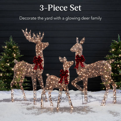 3-Piece Lighted Christmas Deer Set Outdoor Yard Decoration W/ 360 LED Lights, Stakes - Rattan