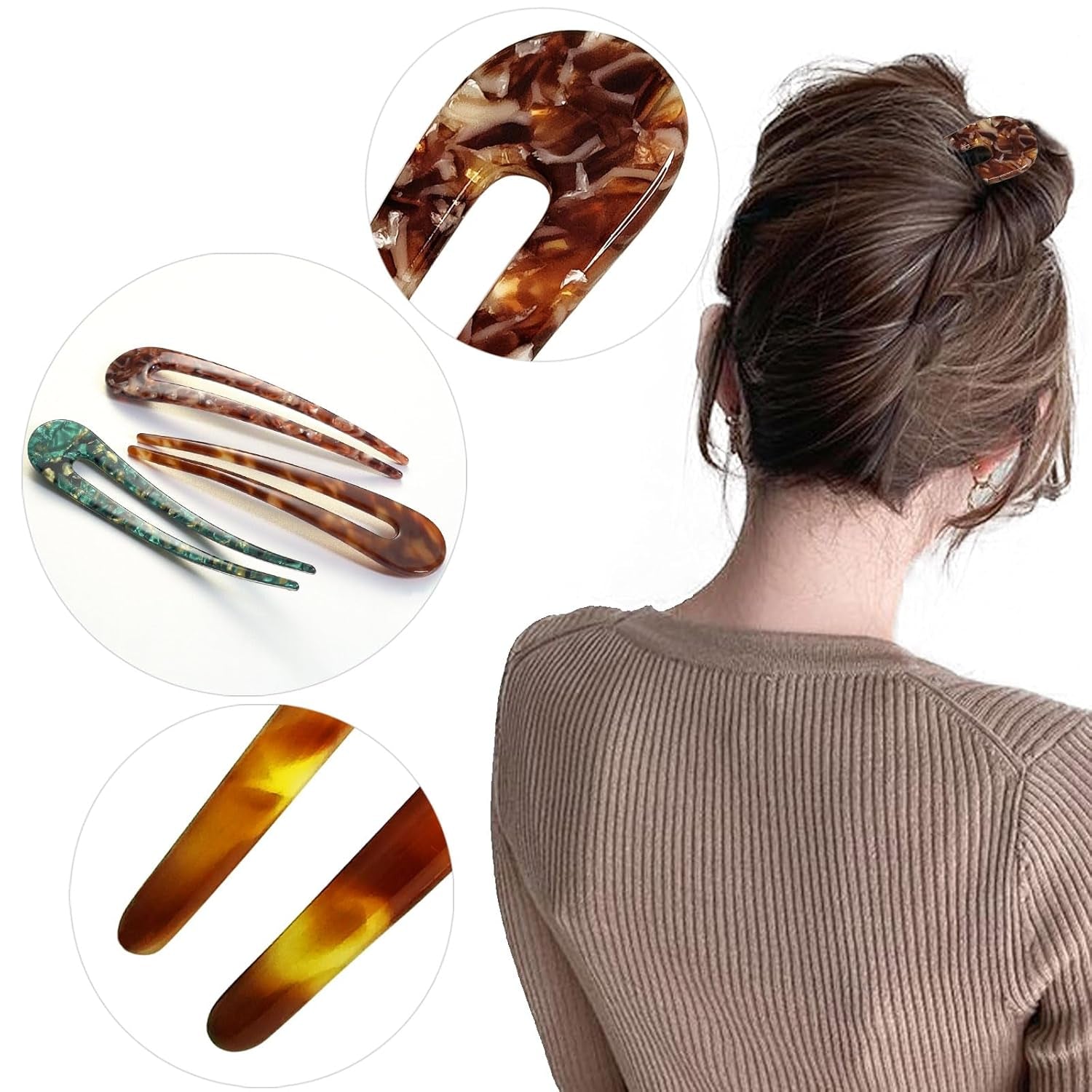 French Hair Pins U Shape Updo Hair Forks 2 Prong Bun Twist Chignon Stick Clips for Women Hair Accessories, 3 Pcs (Green,Tortoise,Brown Floral)