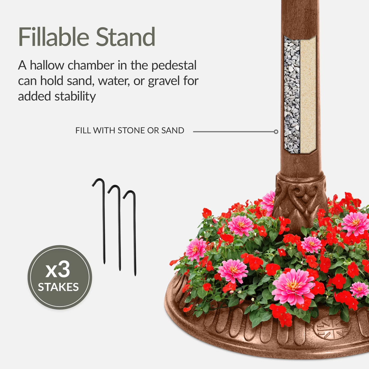 Solar Outdoor Bird Bath Pedestal Fountain Garden Decoration W/ Fillable Planter Base - Bronze