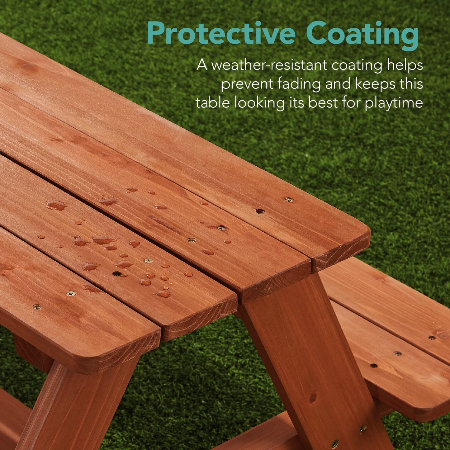 Outdoor Wooden Kids Picnic Table with Umbrella, Activity Table, 220 Lb Capacity - Golden Brown/Aqua