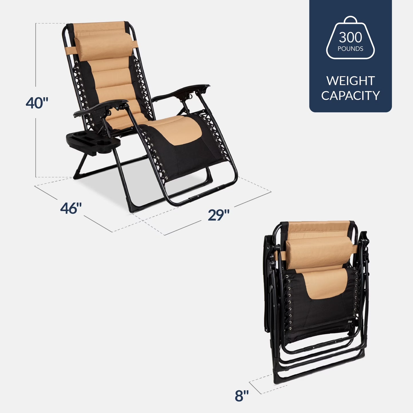 Oversized Padded Zero Gravity Chair, Folding Outdoor Patio Recliner W/ Side Tray - Tan