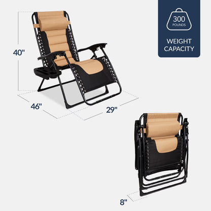 Oversized Padded Zero Gravity Chair, Folding Outdoor Patio Recliner W/ Side Tray - Tan