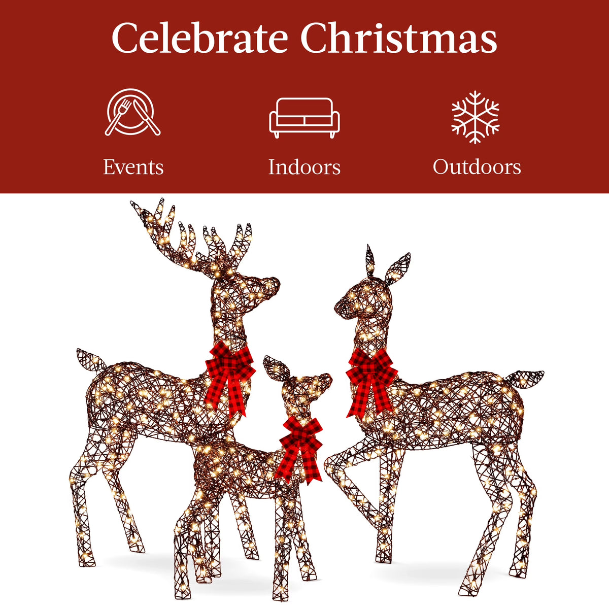 3-Piece Lighted Christmas Deer Set Outdoor Yard Decoration W/ 360 LED Lights, Stakes - Rattan