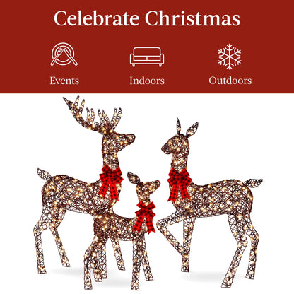 3-Piece Lighted Christmas Deer Set Outdoor Yard Decoration W/ 360 LED Lights, Stakes - Rattan