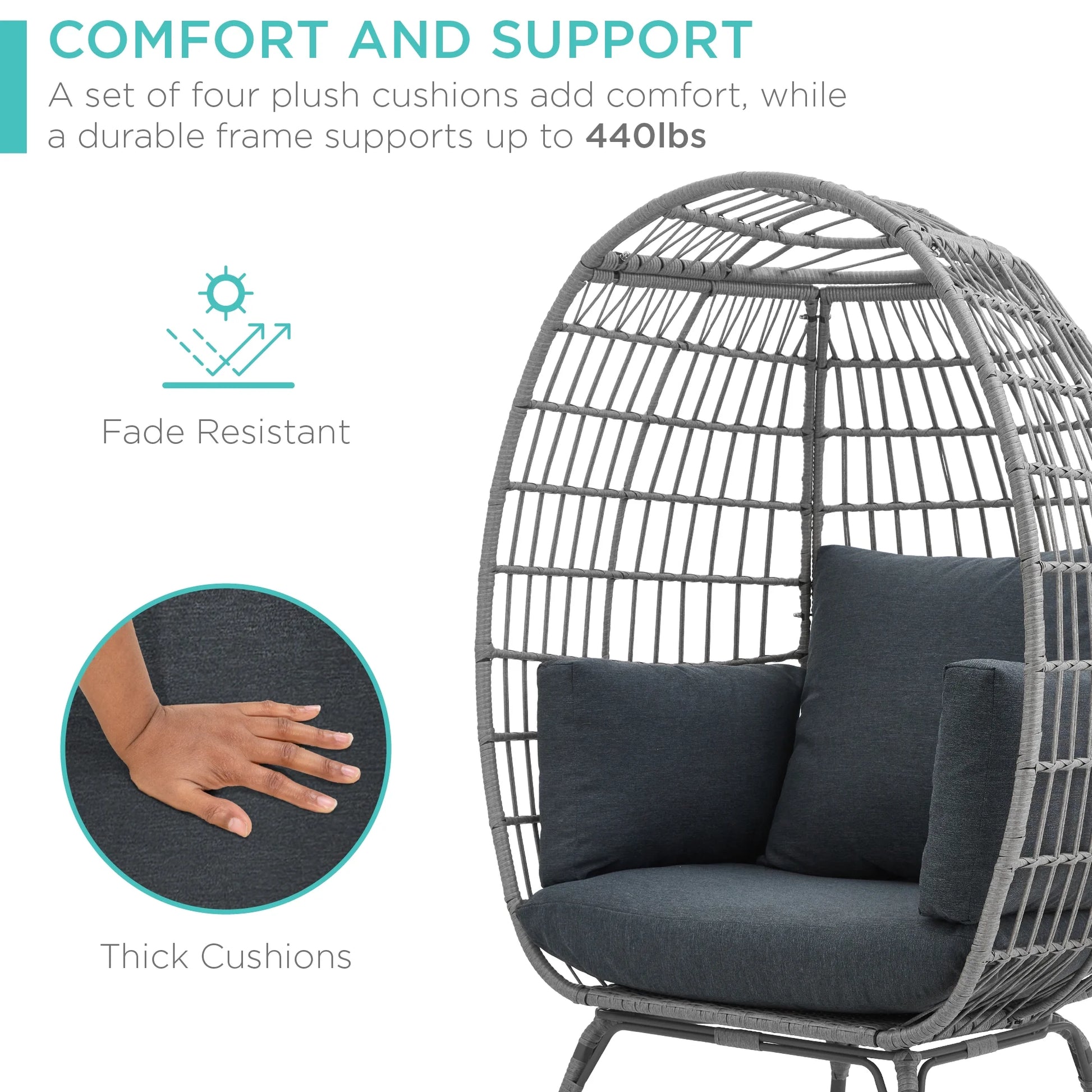 Wicker Egg Chair Oversized Indoor Outdoor Patio Lounger W/ Steel Frame - Gray/Charcoal