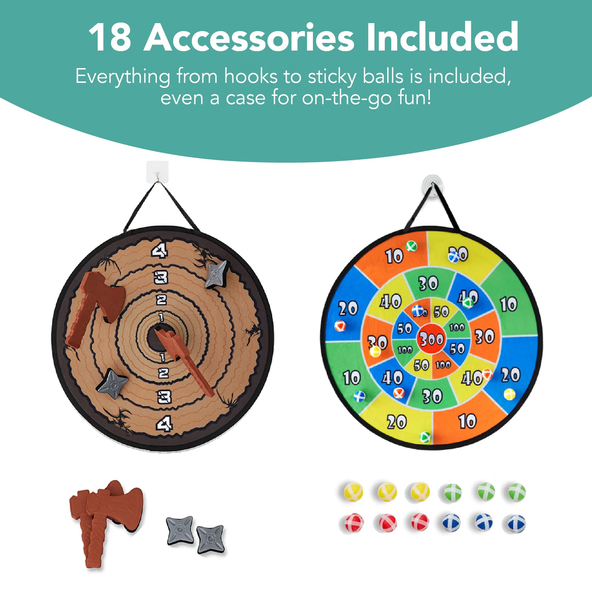 Large Double-Sided Dart Board, Sticky Ball Axe Star Throwing Game for Kids, Adults W/ Carrying Case
