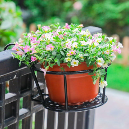 Iron Art Hanging Baskets Flower Pot Holder - over the Rail Metal Fence Planters - Pack of 3 - Black