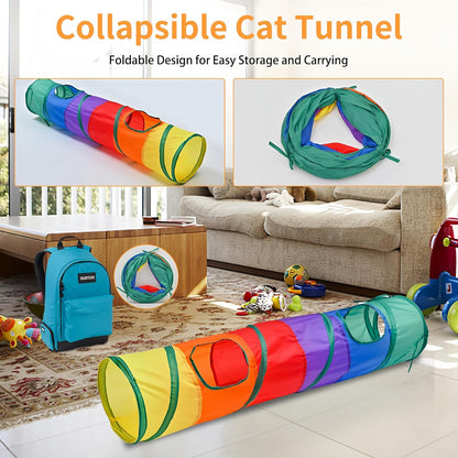 25 Pcs Cat Toys for Cats, Indoor Kittens - Interactive Variety Pack, 45 Inches Rainbow Cat Tunnel, Feather Teaser, Feather Golf, Mice, Springs, Balls, Noise Toys - Rainbow/Colorful 45"