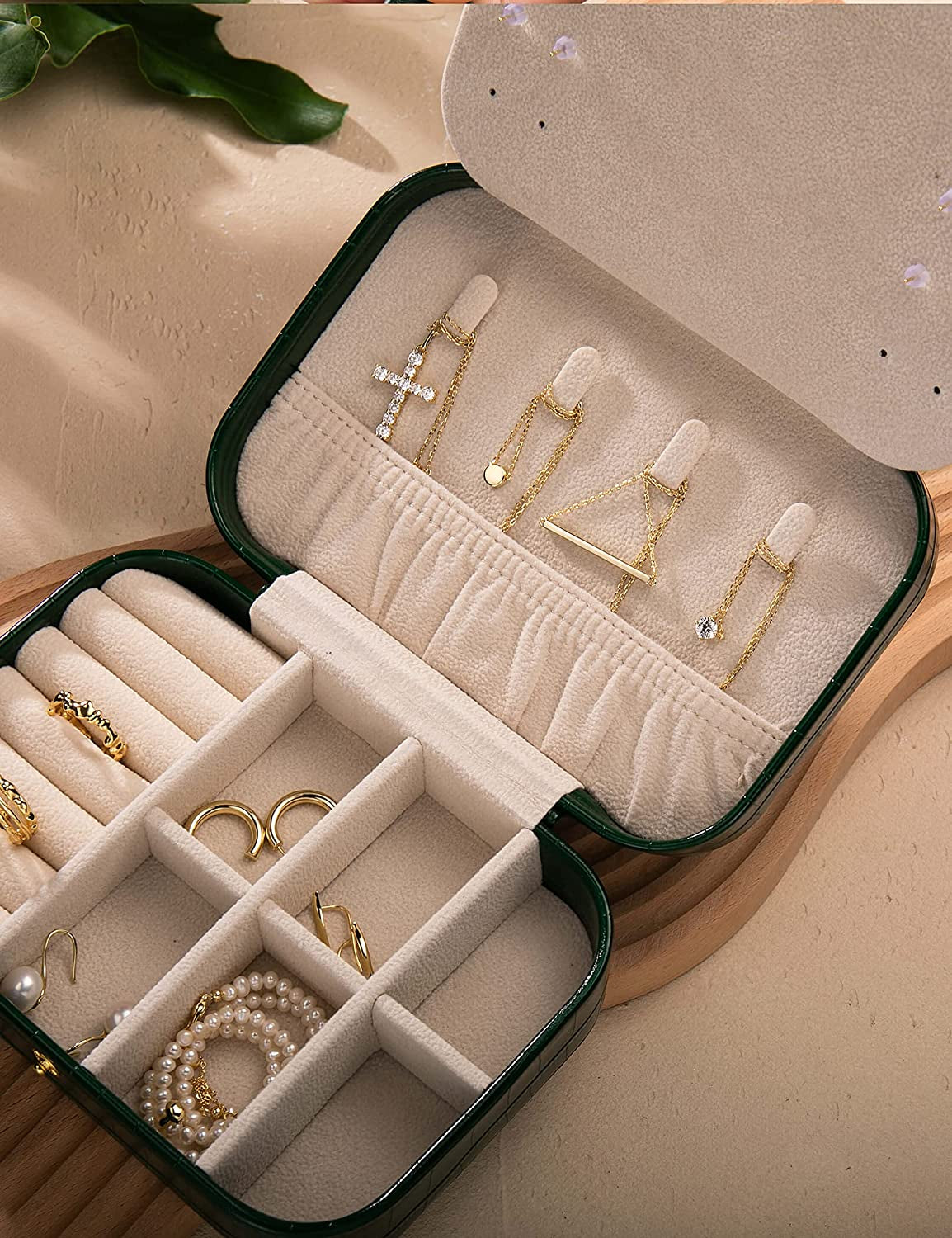 Travel Jewelry Organizer Boxes for Women Small Portable Necklace Earrings Bracelet Rings Travel Case Best Friend Birthday Gifts for Women Trendy (14_Crocodile_Avocade_Big)